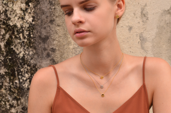 Dainty round textured disc ruby necklace lookbook
