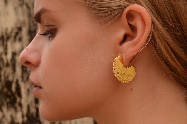 Round disc textured gemstone earrings lookbook side view