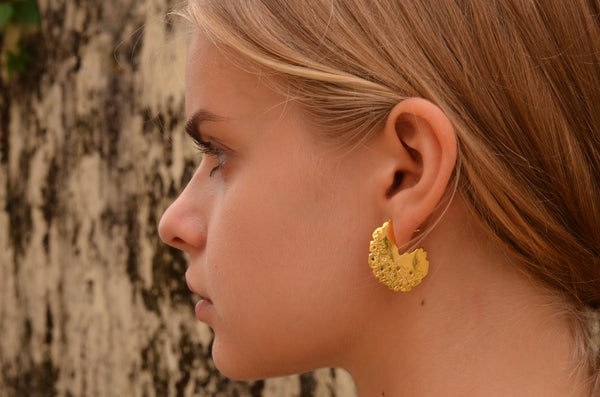 Round disc textured sapphire gemstone earrings lookbook side view