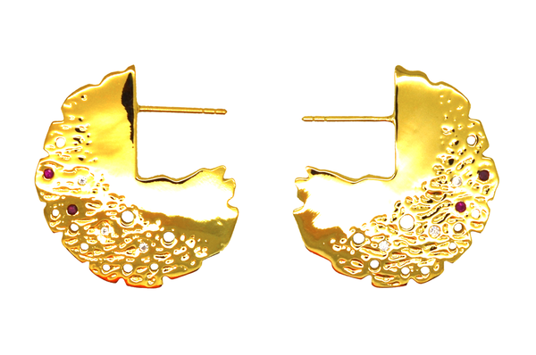 Gold ruby topaz round disc earrings